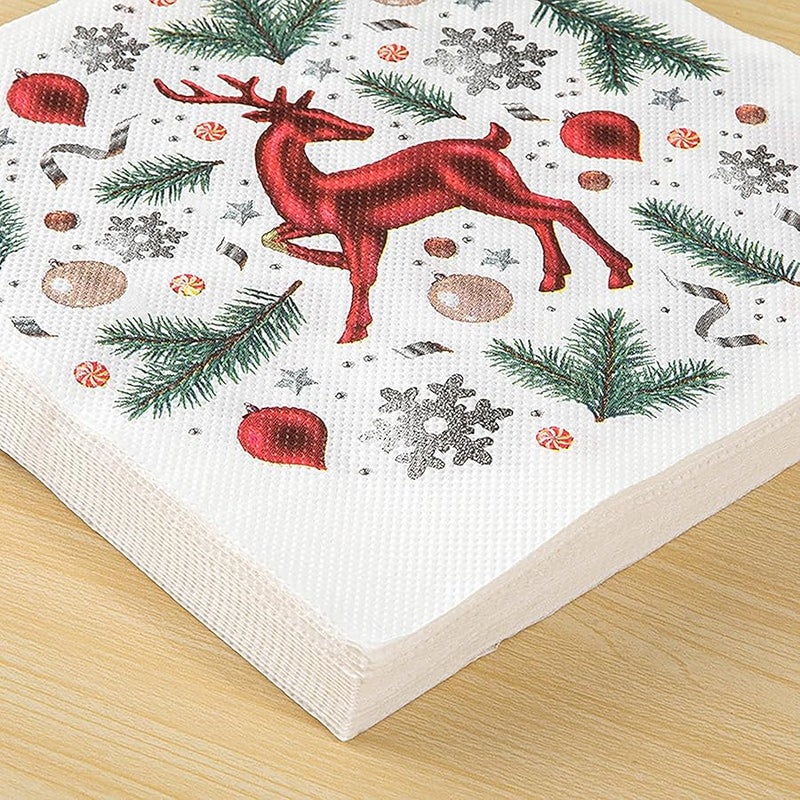 Christmas Paper Napkins 60 Pack Santa Claus Snowman Wreath Elk Pattern Disposable 6 5 x 6 5 Inch JR11 - Image 3